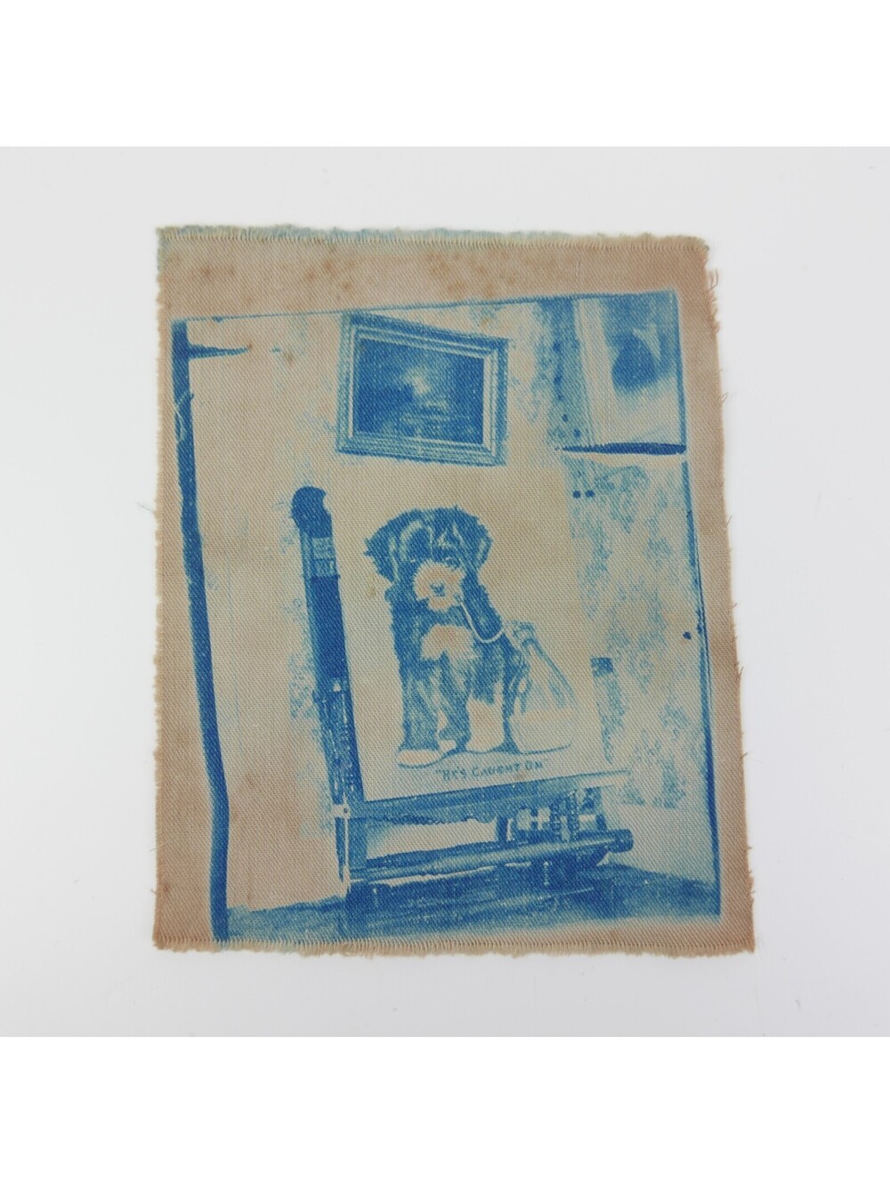 Cyanotype Photograph On Cloth Fabric Dog Puppy Easel Hes Caught On Antique 1880s